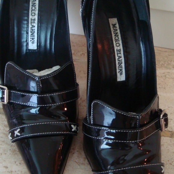 Manolo Blahnik Black Patent Leather Narita Stiletto Pump 37 - Picture 3 of 8